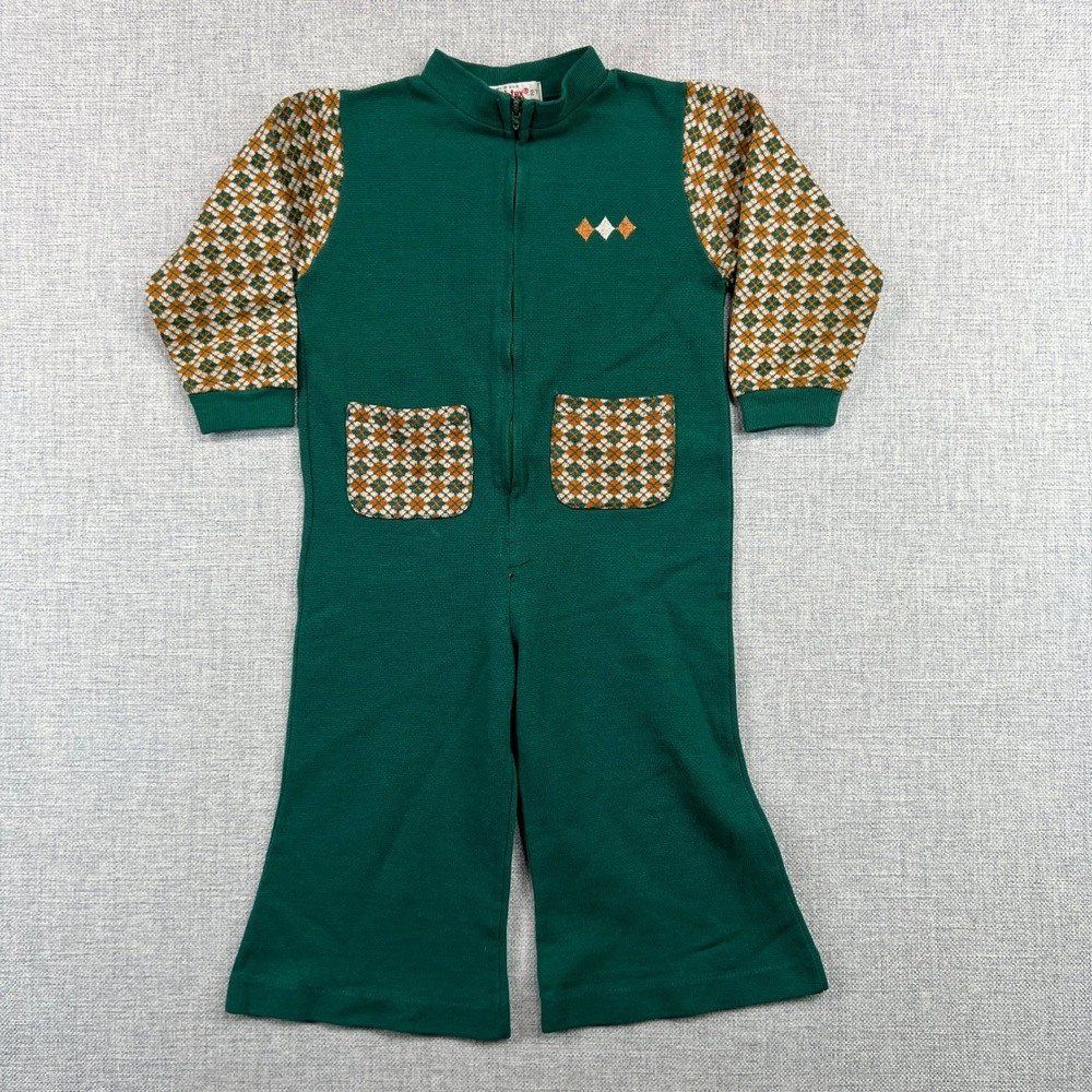 Vintage 70s Health-tex Argyle Knit Jumpsuit‎ Toddler 2T Green Retro Playsuit